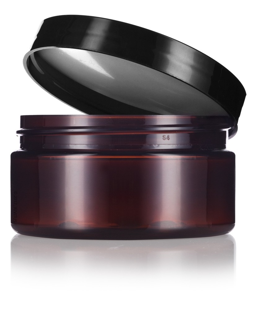 8 oz Amber Plastic Refillable Low Profile Jar with Black Lid 6 Pack