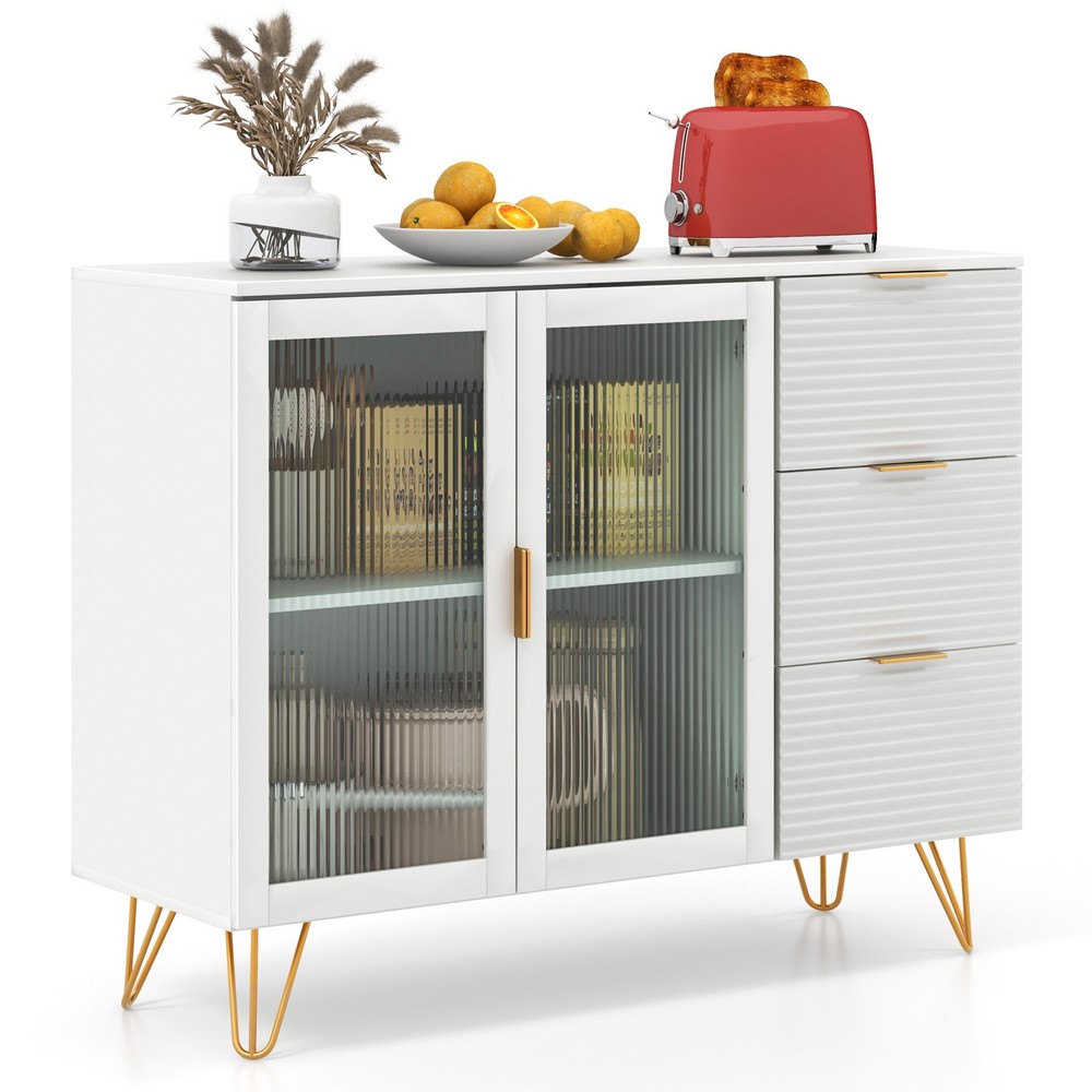Buffet Server Sideboard w/ 2 Tempered Glass Doors & 3 Drawers for Kitchen White