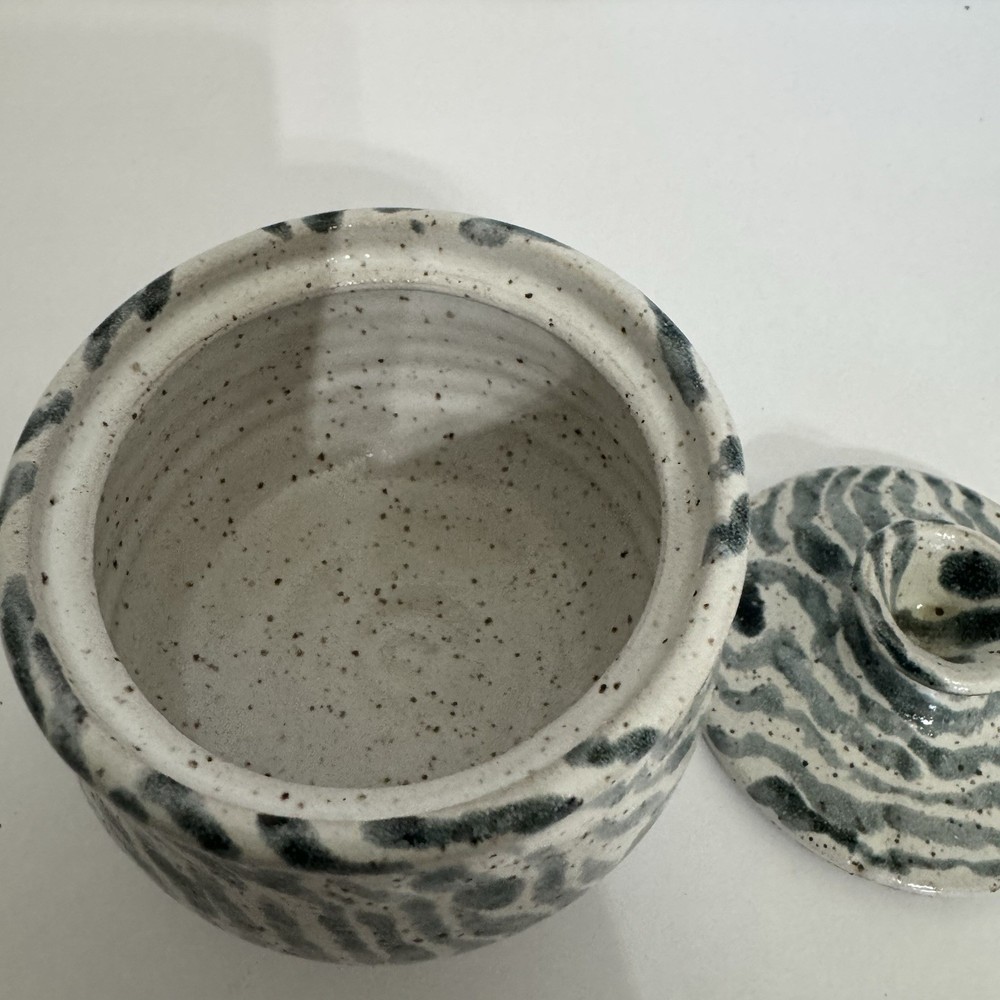Studio Pottery Lidded Jar Signed 1987 Hand Thrown Ceramic Blue Gray Speckled