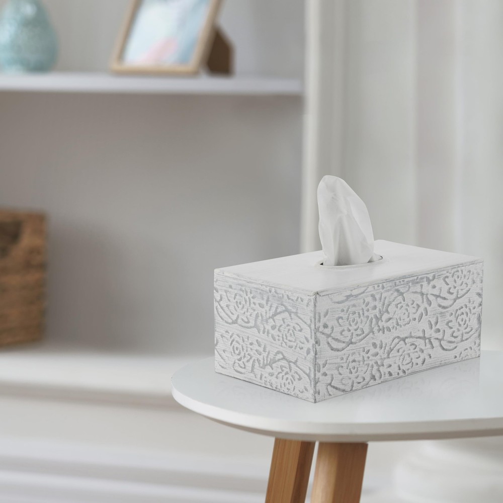 Modern Farmhouse Decorative Tissue Box Holder - Distressed White, Rustic Meta...