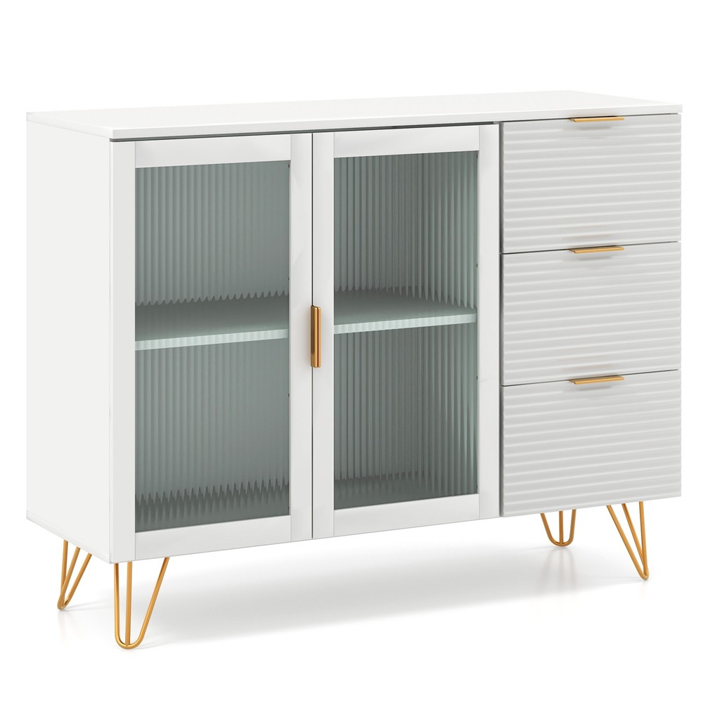 Buffet Server Sideboard w/ 2 Tempered Glass Doors & 3 Drawers for Kitchen White