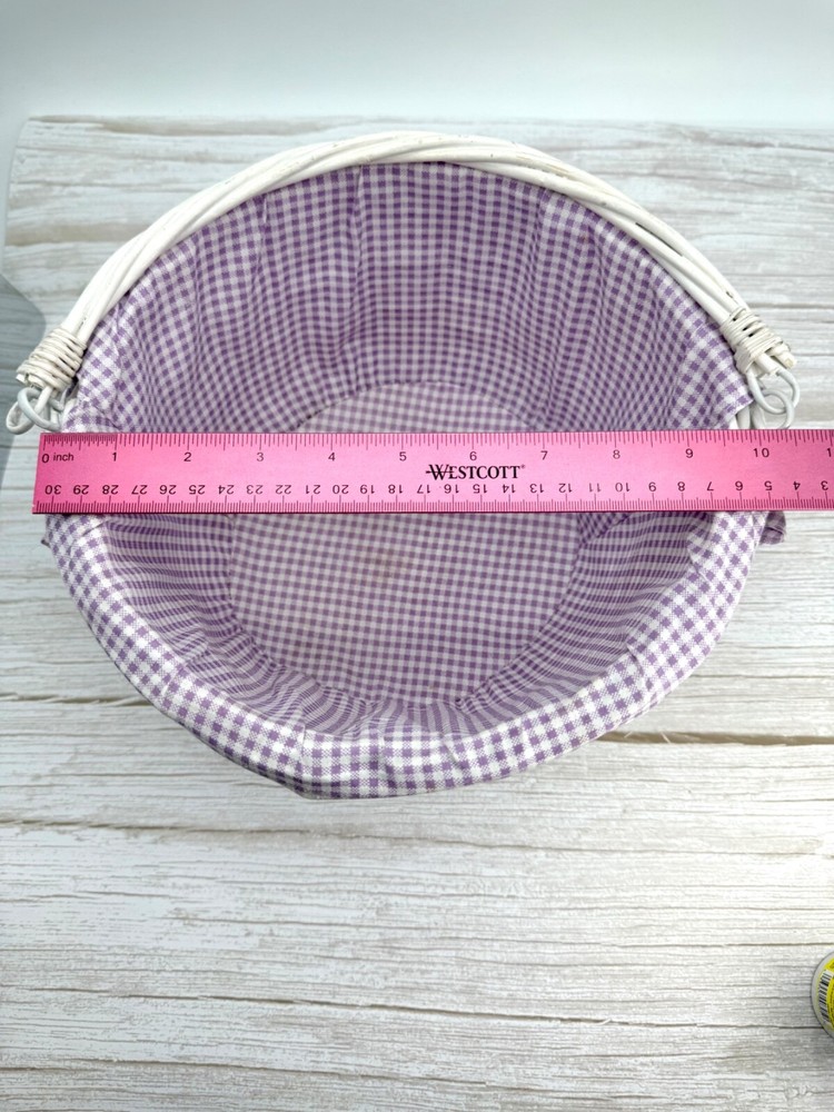 White Round Willow Woven Basket Purple Gingham Liner w/ Folding Drop-Down Handle