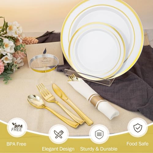 350PCS Plastic Dinnerware Set for 50 Guests, Include: 50 Dinner Plates, Gold