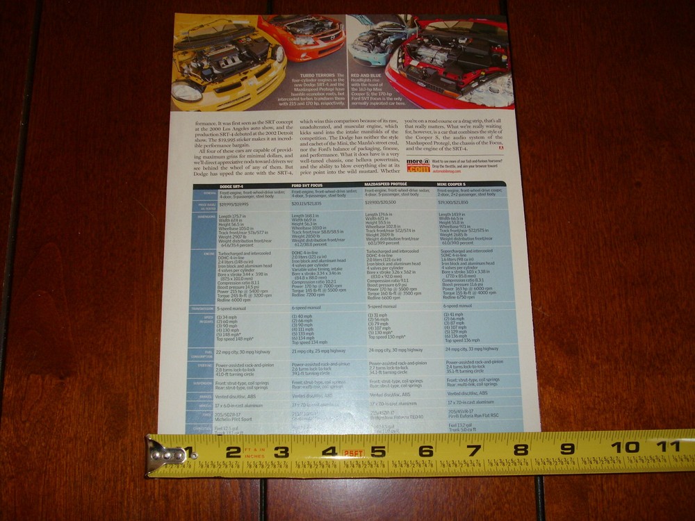 DODGE SRT4 vs. FORD SVT FOCUS vs. MINI COOPER S MAZDASPEED ORIGINAL 2003 ARTICLE