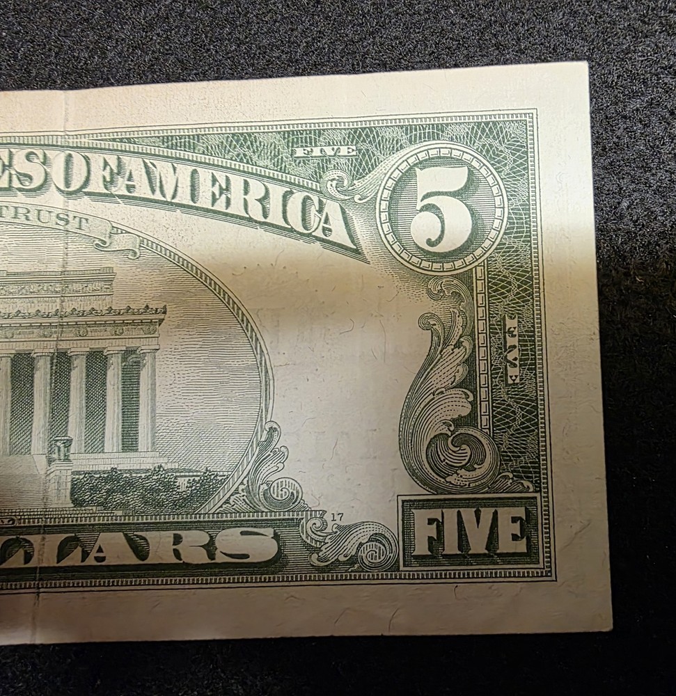 1963 A $5 Error Gutter Fold Federal Reserve Note.