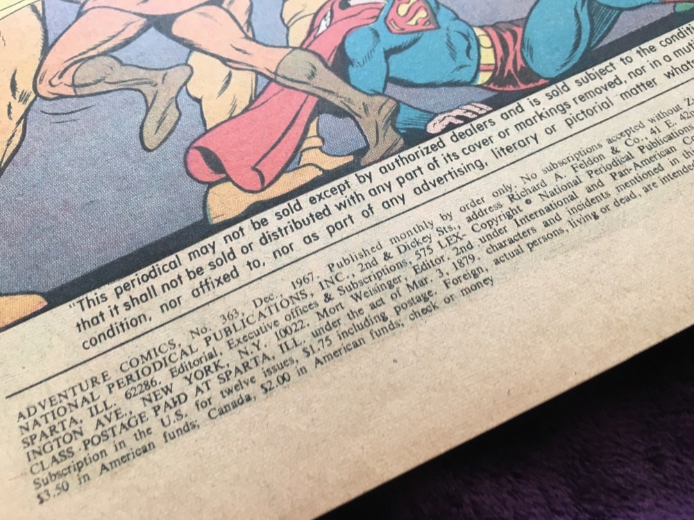 Adventure Comics #363 Dec '67 , w sheet & board VG++ condition
