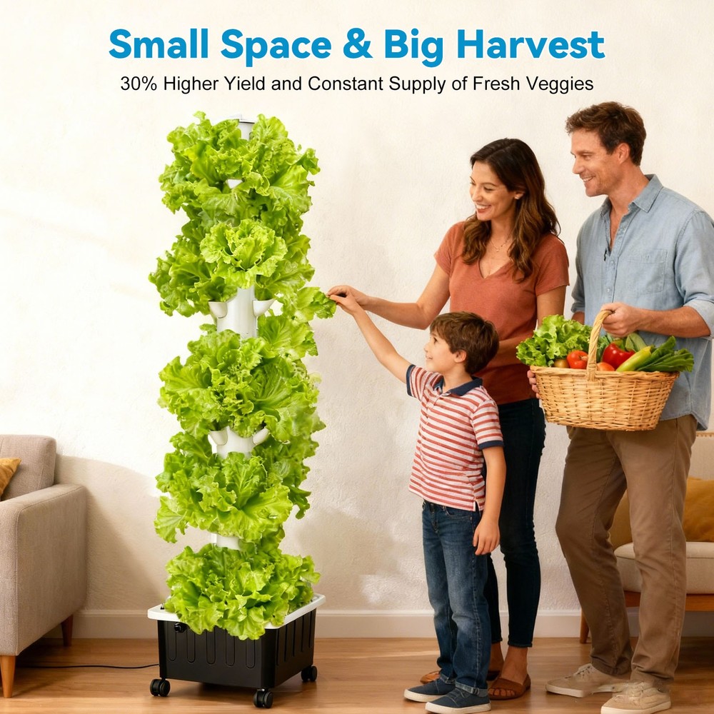 Vertical Hydroponic Growing System Tower with 4FT Grow Lights 45 Pods Pump Timer