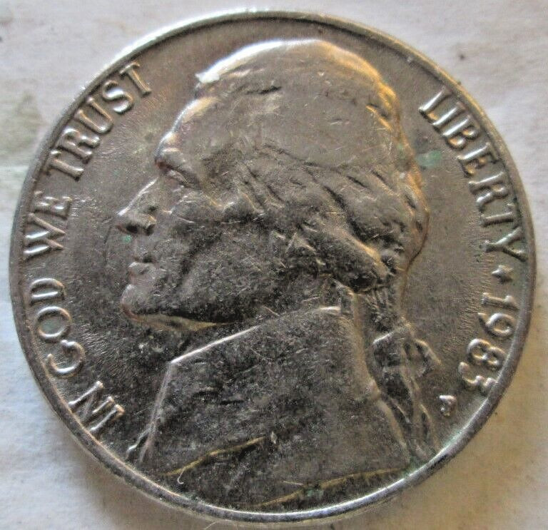 1983-P JEFFERSON REVERSE GREASE STRIKE ERROR, MISSING "EL", XF, CIRCULATED