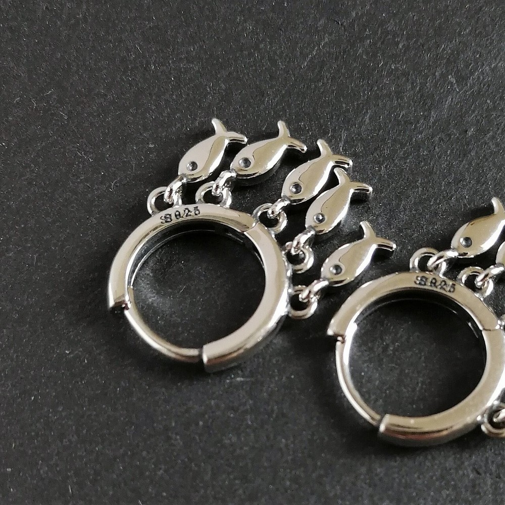 Shiny Sterling Silver Small Tiny Hoop Pierced Earrings with Dangling Small Fish