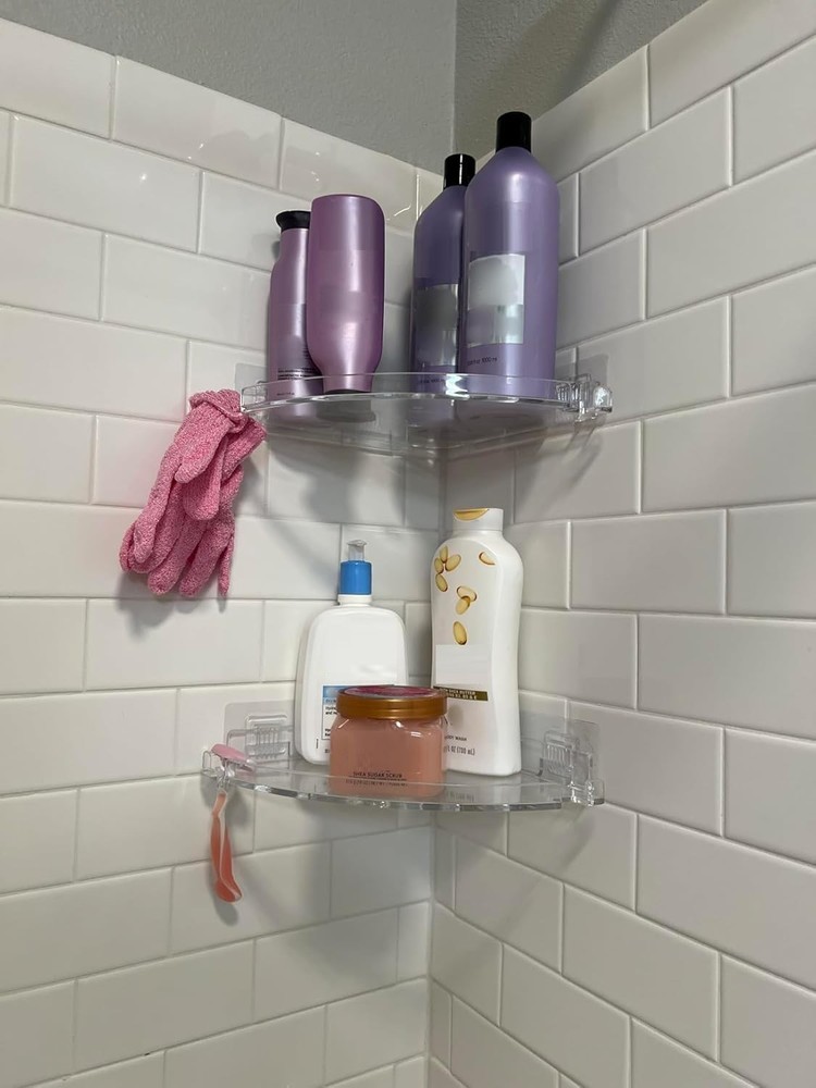 Acrylic Corner Shower Caddy Shelf with Hooks 2 Pack, Adhesive Wall Mounted Ba...