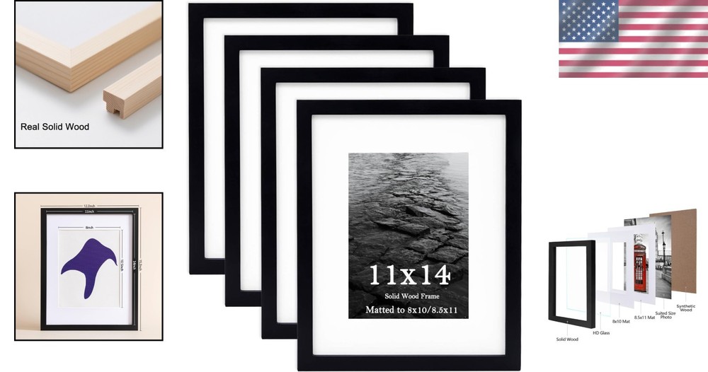 4 Pack 11x14 Picture Frames, Solid Wood, Real Glass, Black