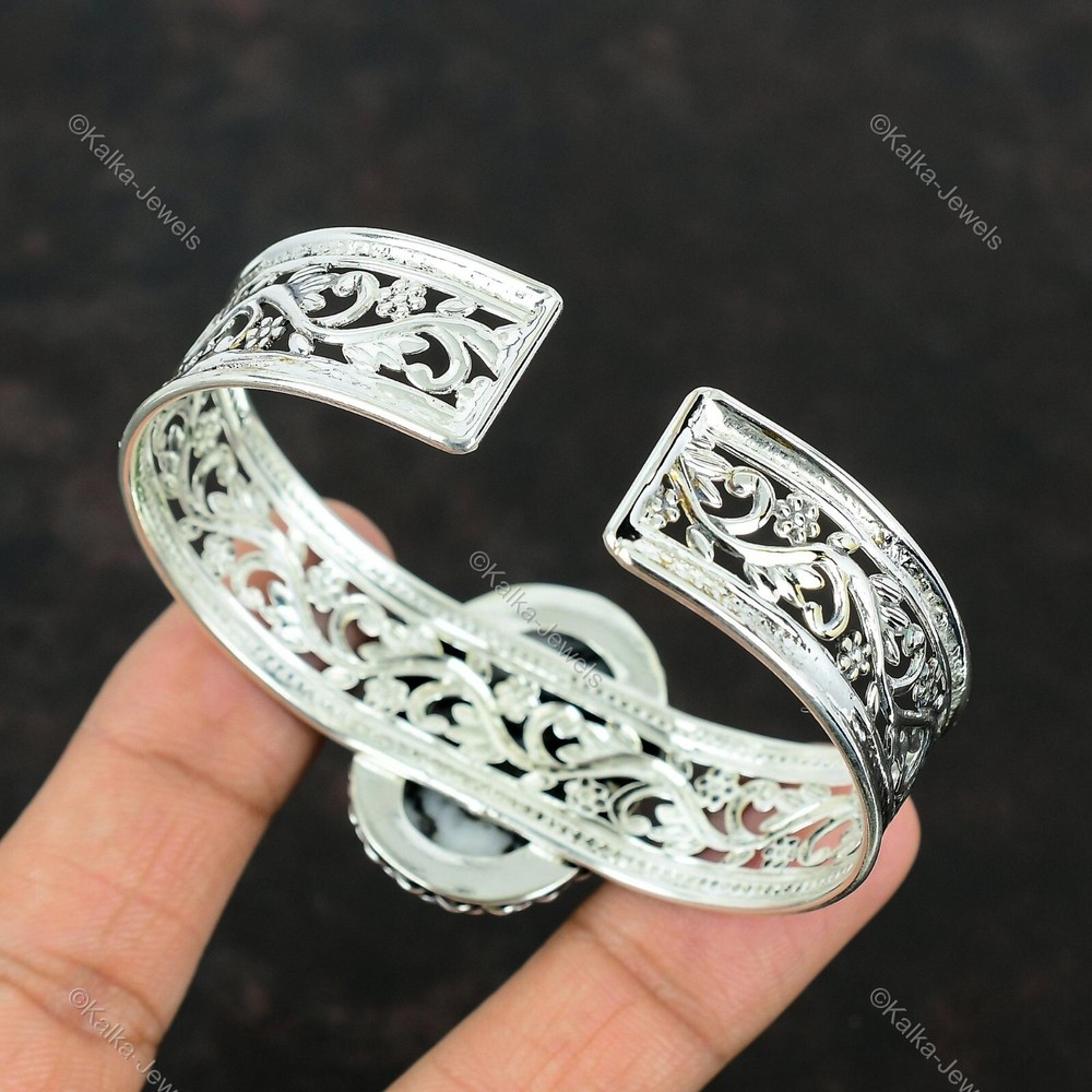 Gift For Her Natural White Buffalo Turquoise Bangle Adjustable 925 Silver