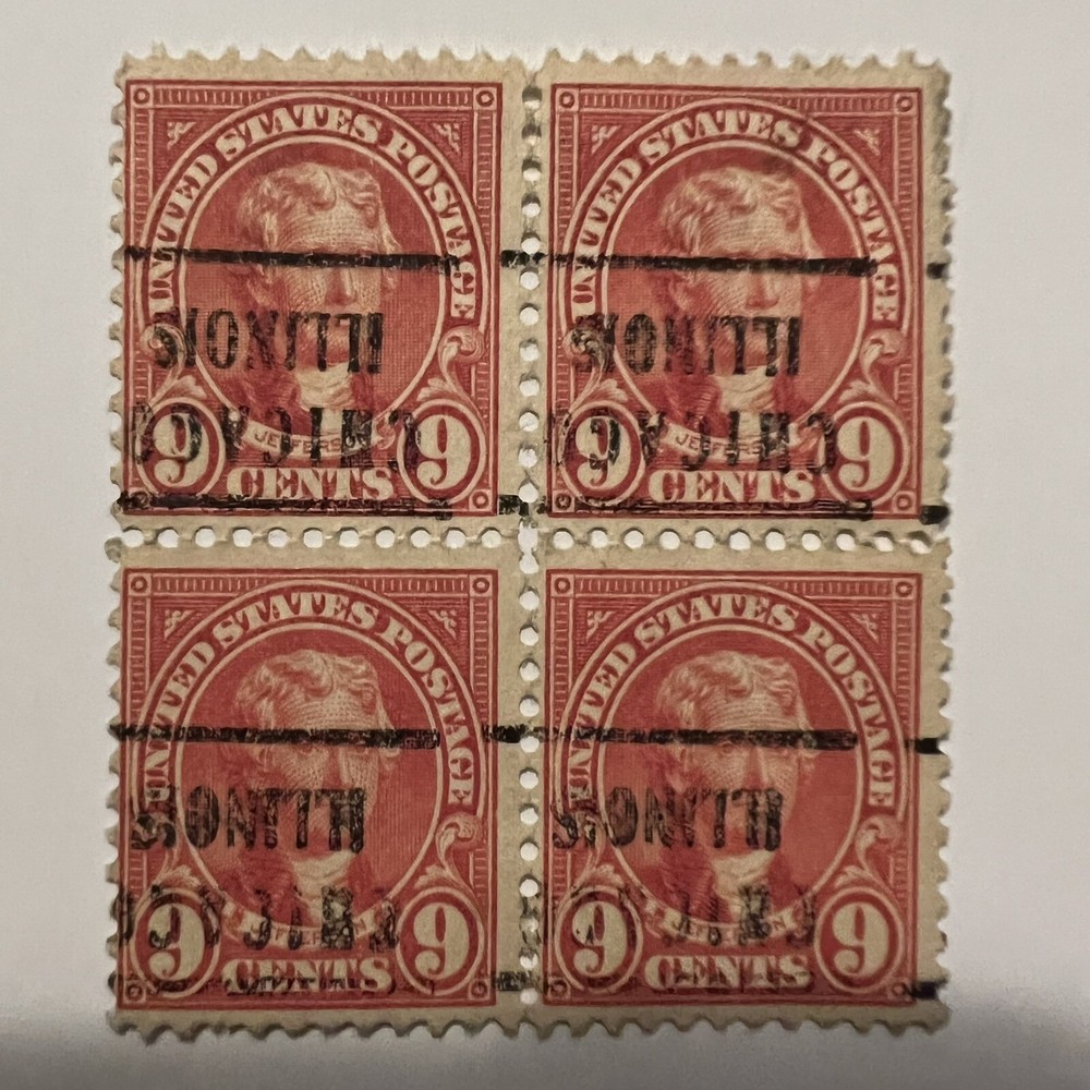 ERROR US 9C STAMP BLOCK WITH INVERTED AND BROKEN LINE CHICAGO ILLINOIS PRECANCEL