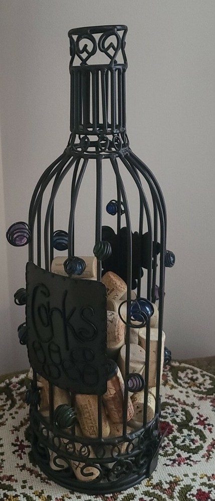 Brown ~ Metal ~ Wine Cork Storage Basket ~ Container ~ Beaded & Leaf Design