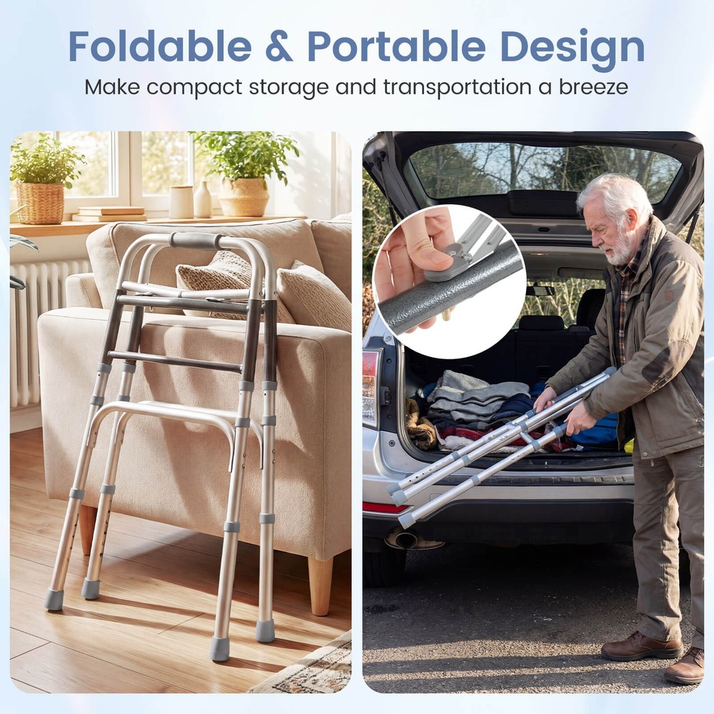 7-Level Adjustable Height, Lightweight Aluminum Mobility Aid, 2-Button Folding
