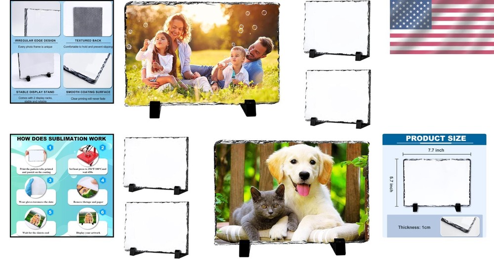 6 Pack Sublimation Stone Photo Frames with Display Holder - DIY Rectangle Décor