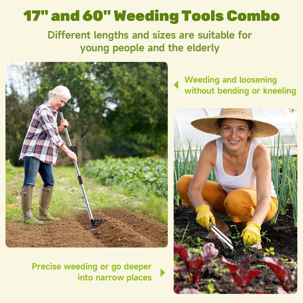 60" Weed Puller Tool with Long Handle and 17" Weeding Tools Gardening Set, Du...