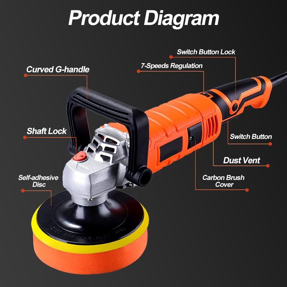 Buffer Polisher, Car Detailing Machine with Variable 7 Speeds Control, Orange