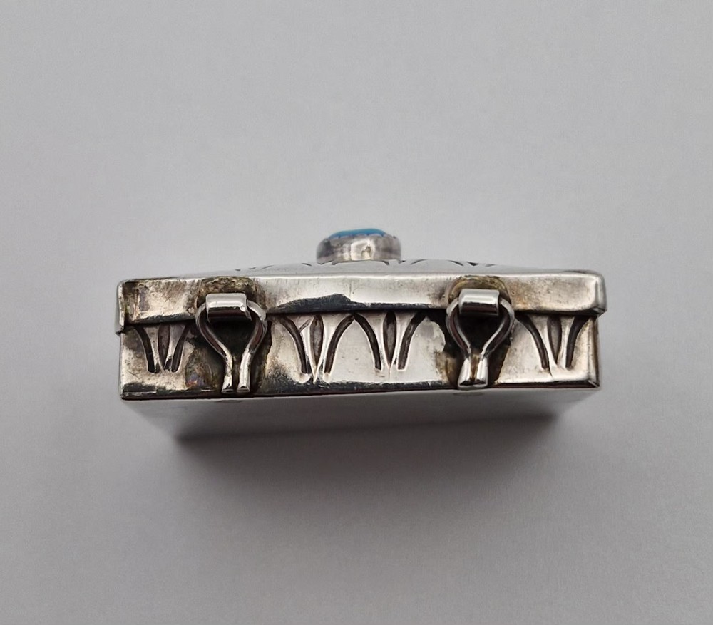 Vintage Sterling Silver Pill Box Rectangular Engraved Blue Turquoise 14.3g