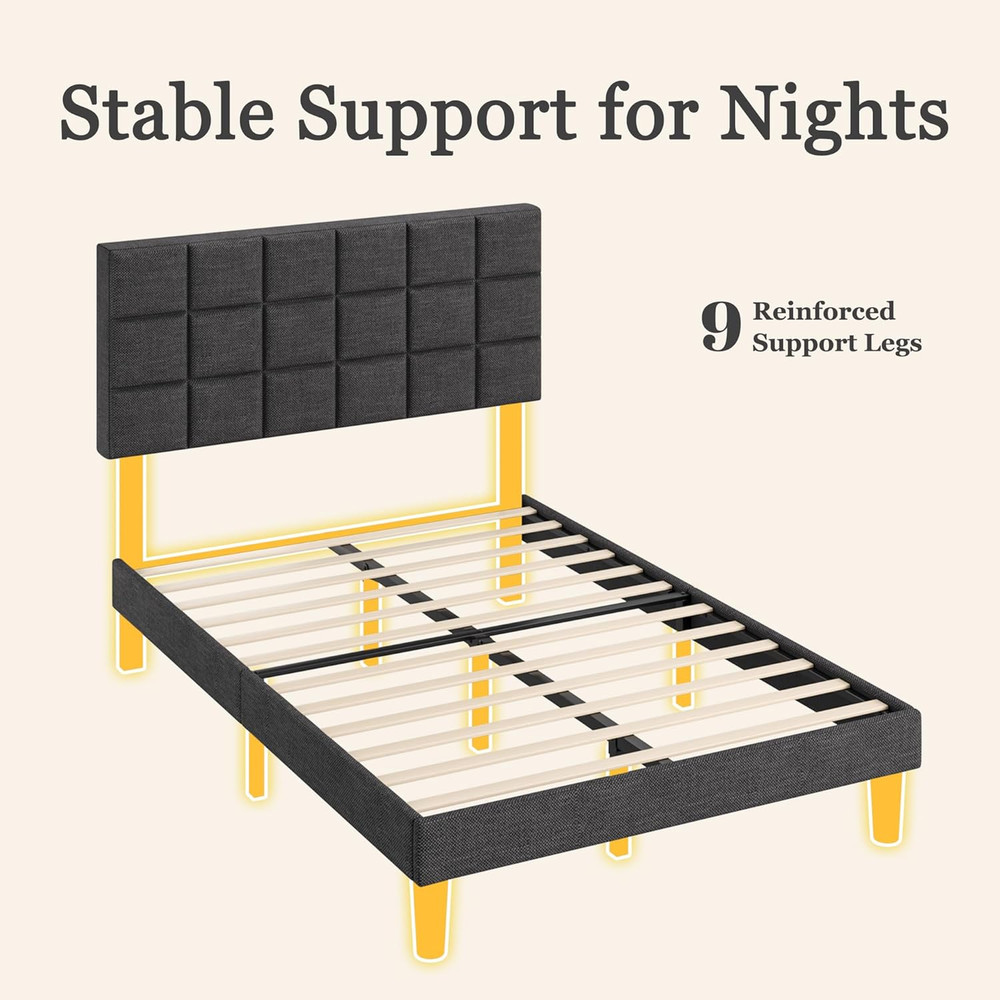 Full Platform Bed Frame with Linen Upholstered Adjustable Tall Headboard, No Box