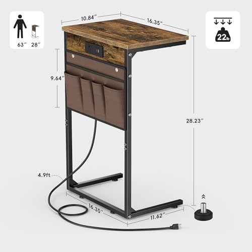 C Shaped End Table with Charging Station, 28" Tall Side Table for Couch, Sofa