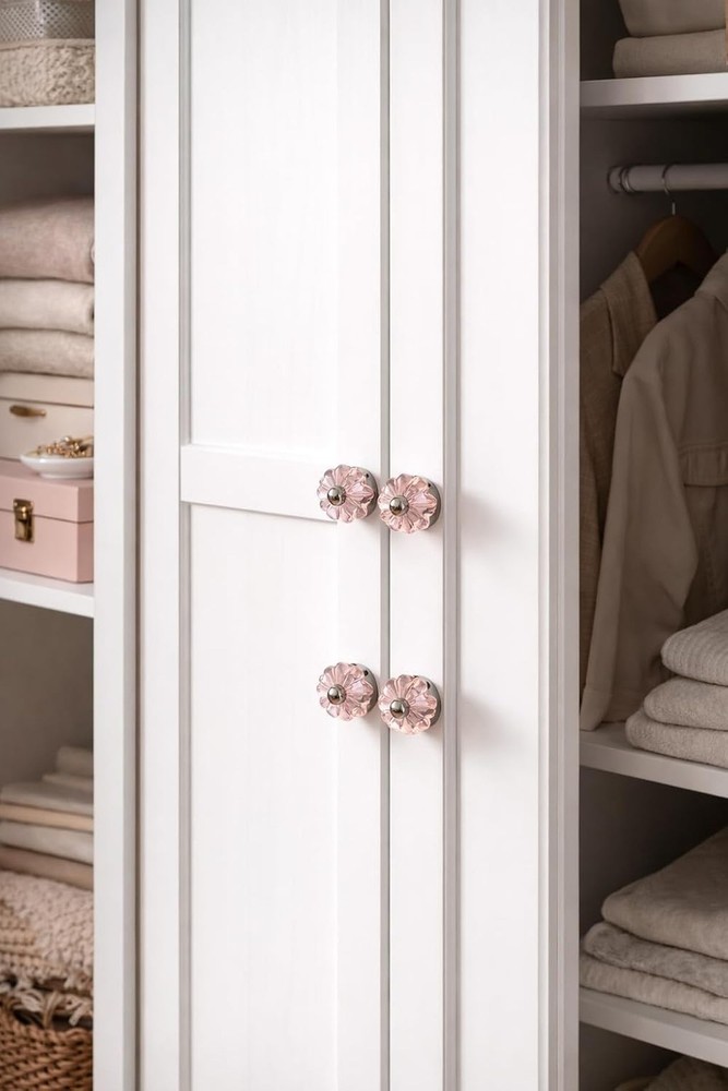 Pink Crystal Glass Cabinet Knobs – Decorative Drawer Pulls with Silver Met