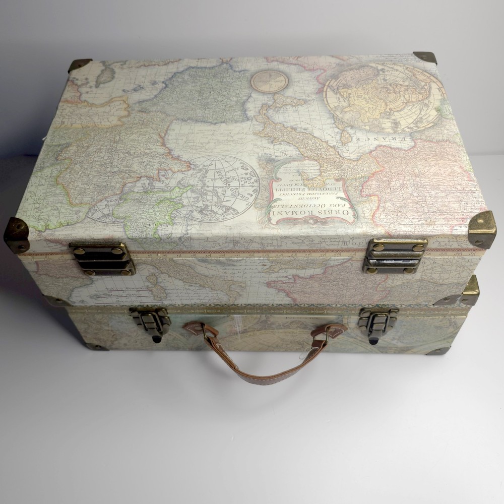 Set of 2 Vintage Map Pattern Large Decorative Storage Box W/ Handle & Latch READ