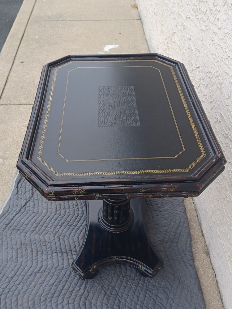 Maitland Smith Side Table Ebonized Faux Bamboo Leather Top Hand Painted Table