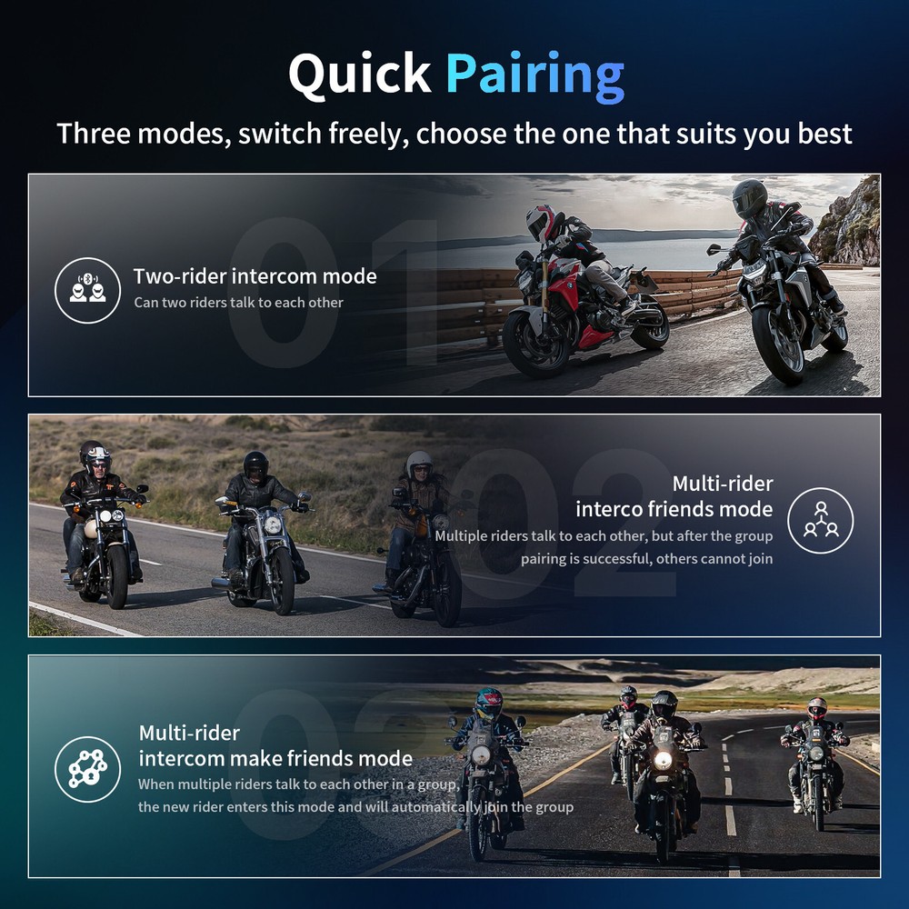 2x FX7 Motorcycle Intercom Headset Bluetooth Helmet 2km 10 Riders Communication