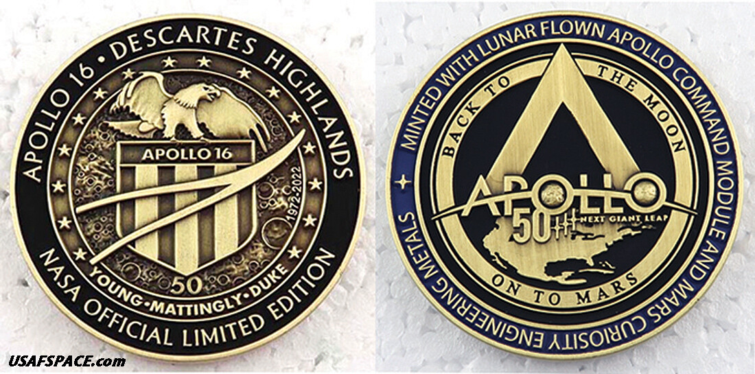 APOLLO-16 - 50th Anniversary - LUNAR FLOWN METAL - NASA MEDALLION - COA -MINT