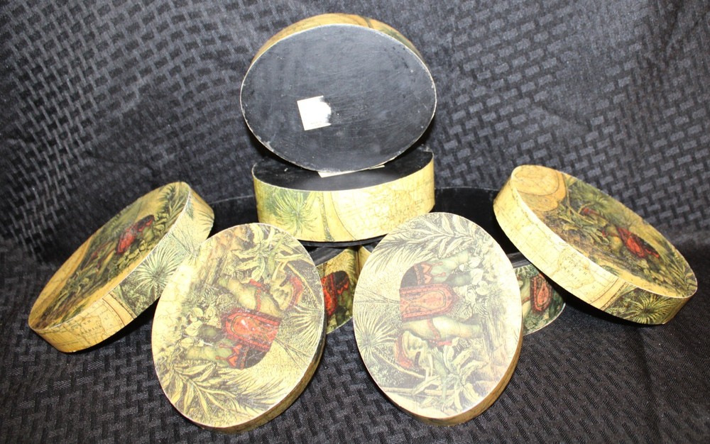 Set of 2 (4 ct) Stackable Nesting Oval Storage Boxes:World Globe Elephant Jungle