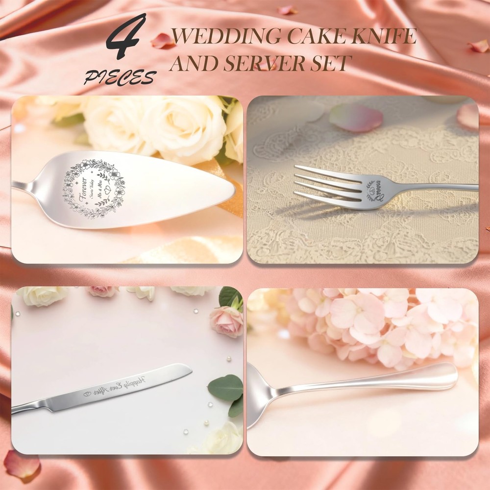 4 PCS Wedding Cake Cutting Set Knife Server Forks Bride Groom Silverware