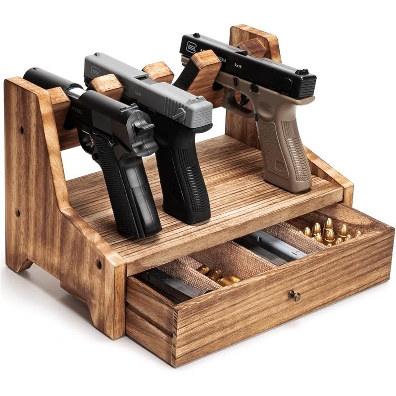 Pistol Organizer Rack Solid Wood Handgun Storage Carpeted Drawer Easy Install US