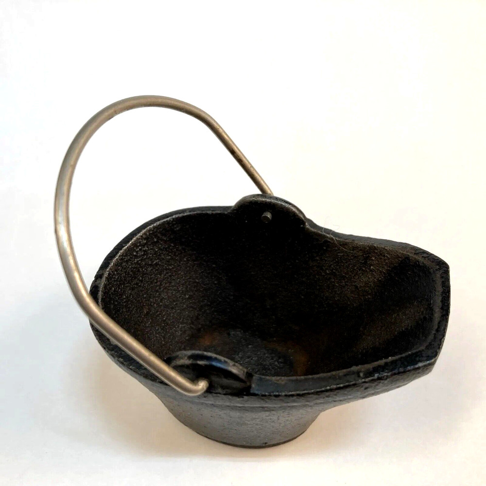 Miniature Black Cast Iron Coal Scuttle Basket with Handle Vintage