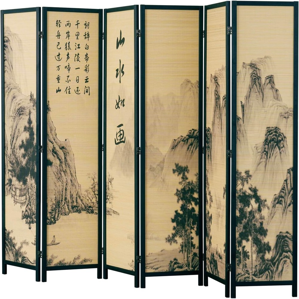 6-Panel Bamboo Screen Freestanding Room Divider with Asian Calligraphy Design