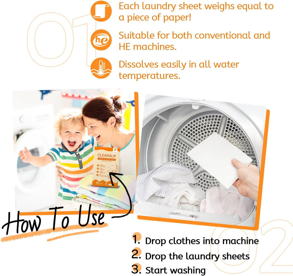 Laundry Detergent Sheets, Orange, 64 Load, Laundry Detergent Strips Eco Friendl