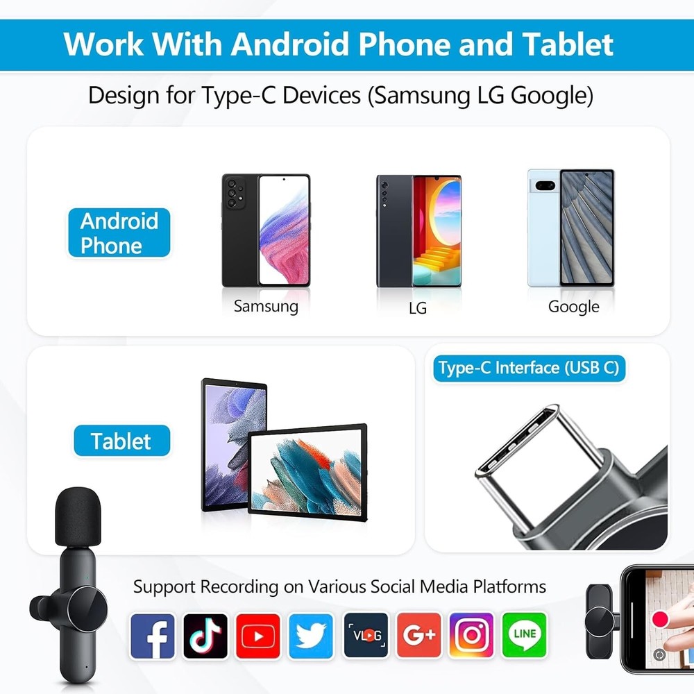 2 Pack Mini Wireless Microphone Type C for Android Phone USB C for Android/Apple