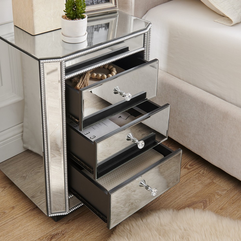 3-Drawer Mirrored Nightstand Bedside Table, Modern End Side Table