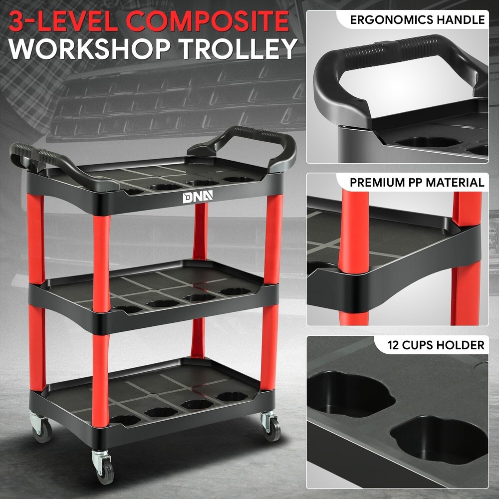 Red 3 Level Composite Workshop Tools Trolley+Casters for Warehouse Garage Office