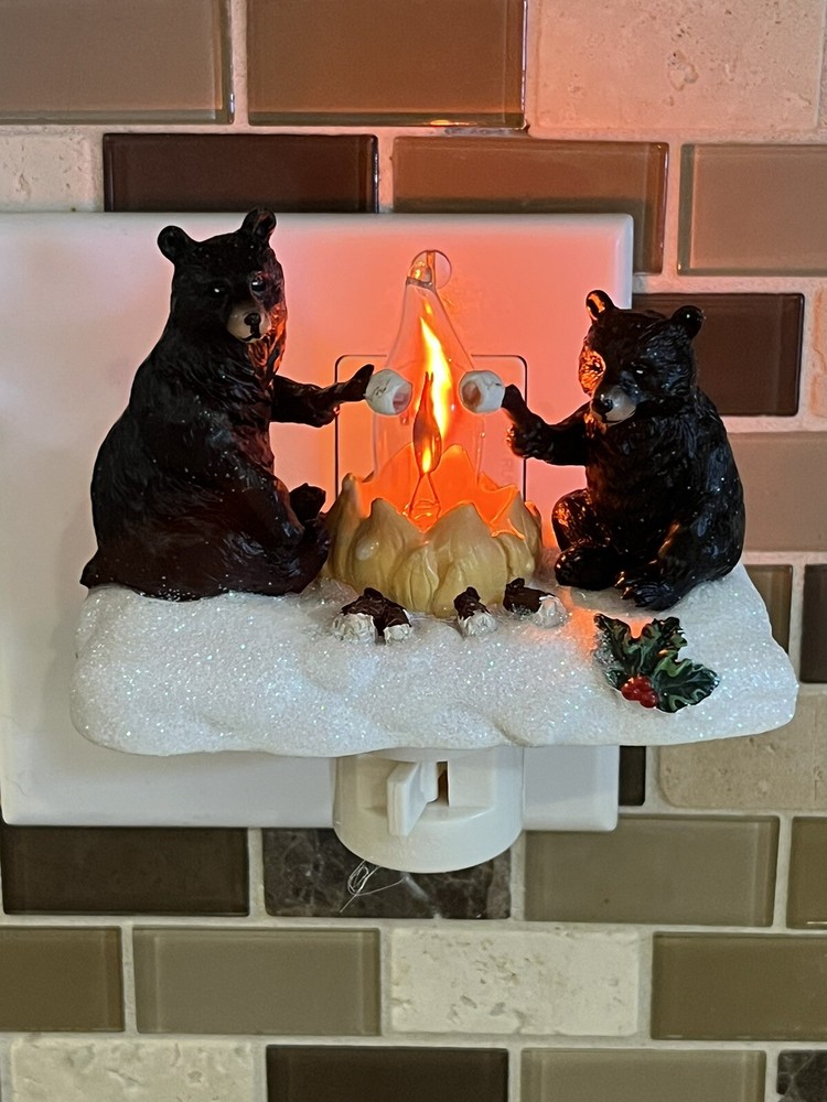 Roman Lights Night Light Plug in Bears Roasting Marshmallows Flickering Light