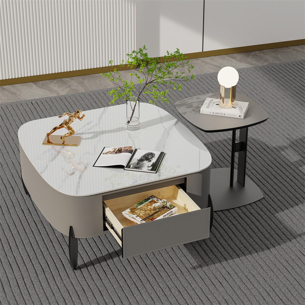 Square Marble Coffee Table Microfiber Saddle Leather Center Table with 2 Drawers