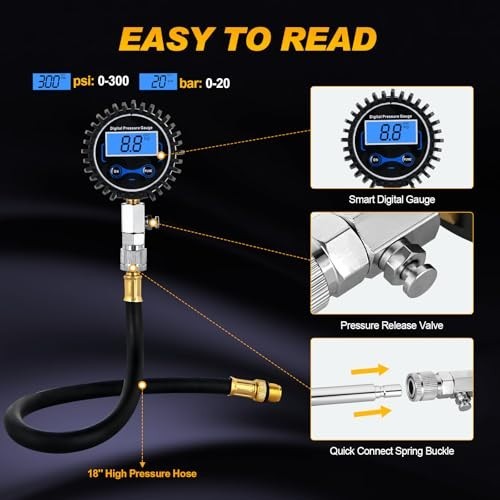 Digital Compression Tester Kit 0-250PSI for Petrol Engine Cylinder Test, Hose &