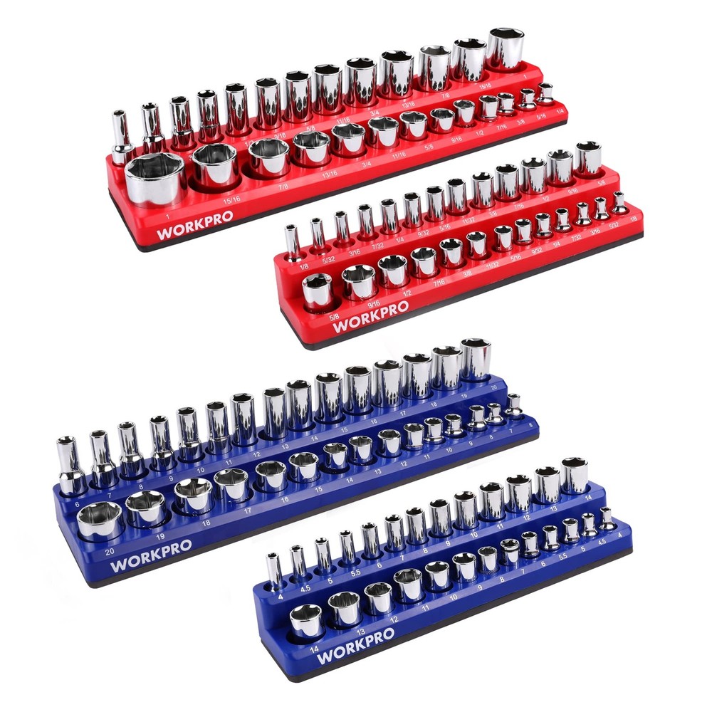 WORKPRO Magnetic Socket Organizer Set, 4 Pieces-1/4" & 3/8" DR, SAE & Metric