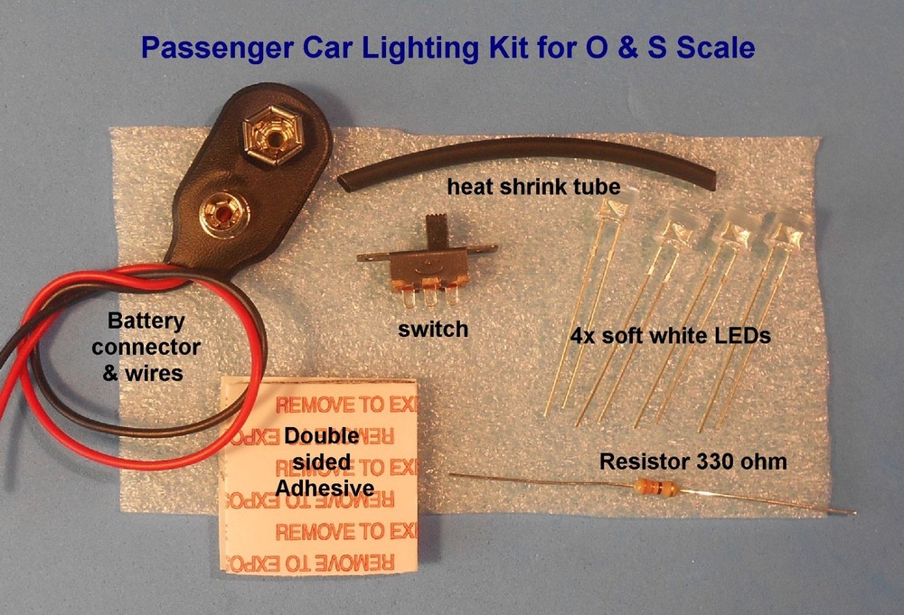O Scale / S Scale Passenger Car LED Lighting KIT using On-board Battery & Switch