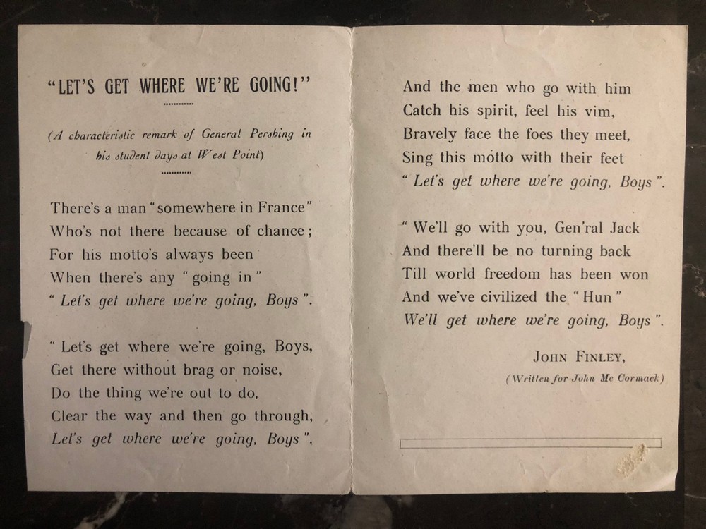 Original USA WW 1 General Jack Pershing Leaflet Lets Get Where We're Going YMCA