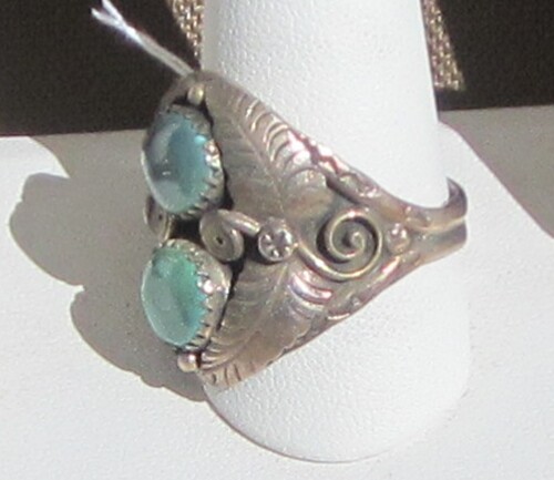 Signed Size 12 Ring, Two Turquoise Free-forms Set in Sterling