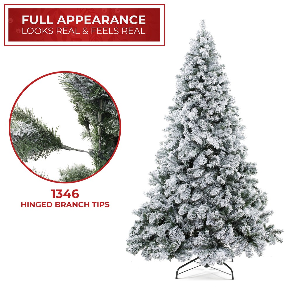OPEN BOX - 7.5 ft Flocked Pine Hinged Artificial Christmas Tree w Foldable Stand