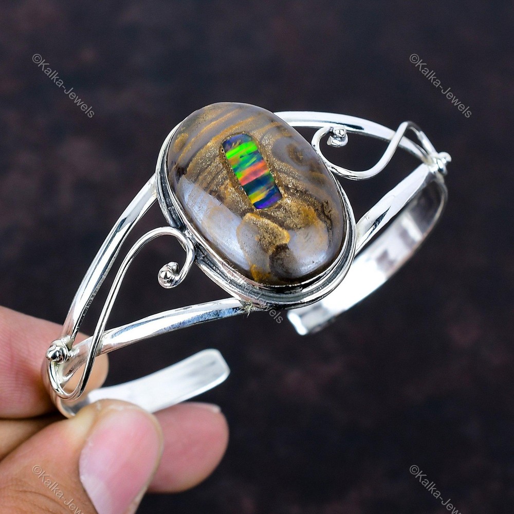 Natural Ethopian Opal In Boulder Opal Bezel Bangle Bracelet 925 Sterling Silver