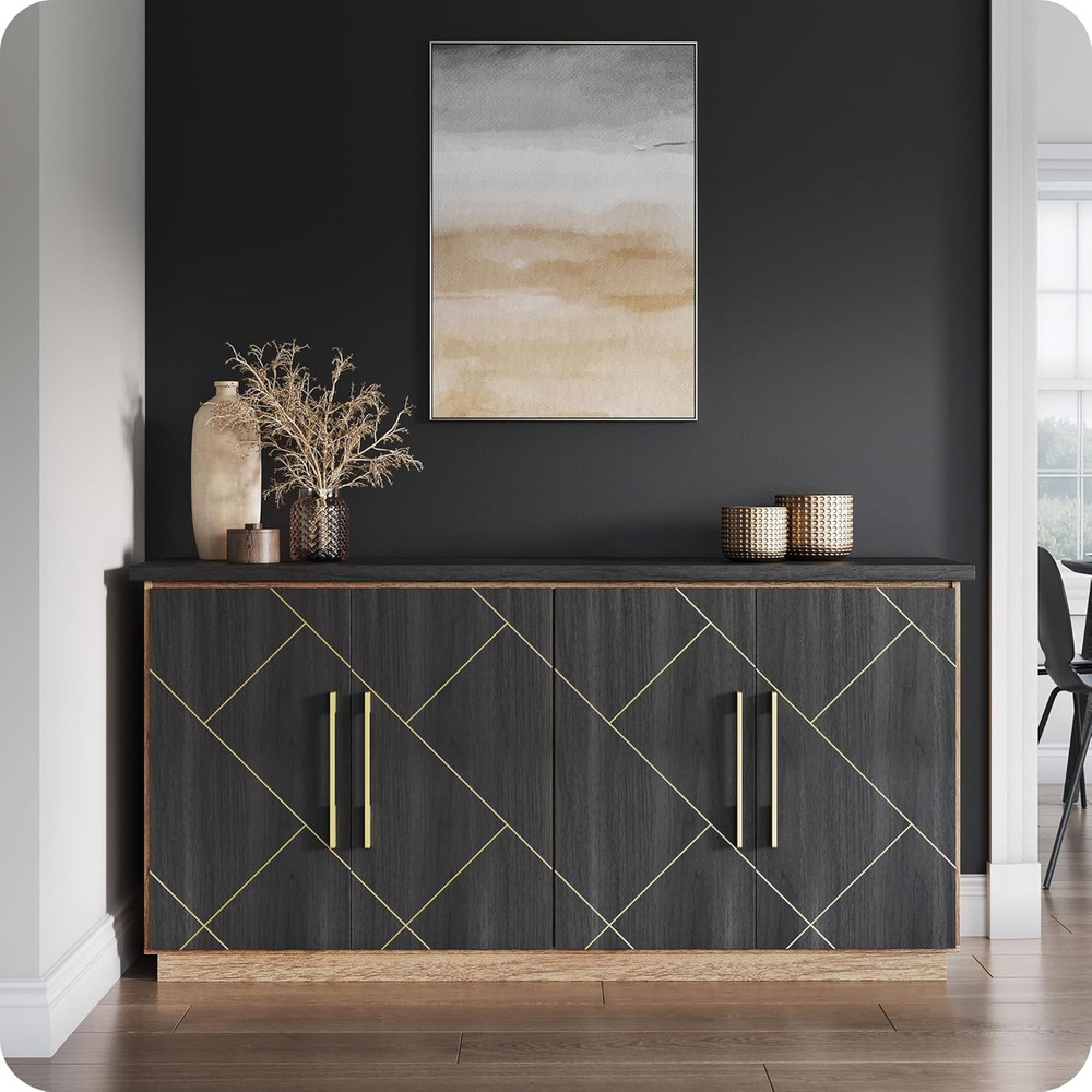 Elegant 65" Buffet Sideboard Cabinet with Gold Trim - Modern Storage Console
