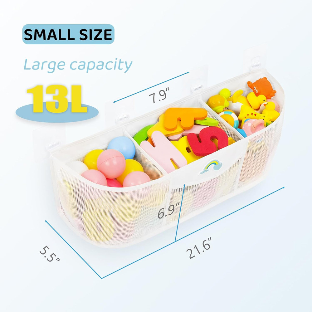 Shallow Pockets Easy Access Bath Toy Storage Organizer, 3 Compartment Large Capa